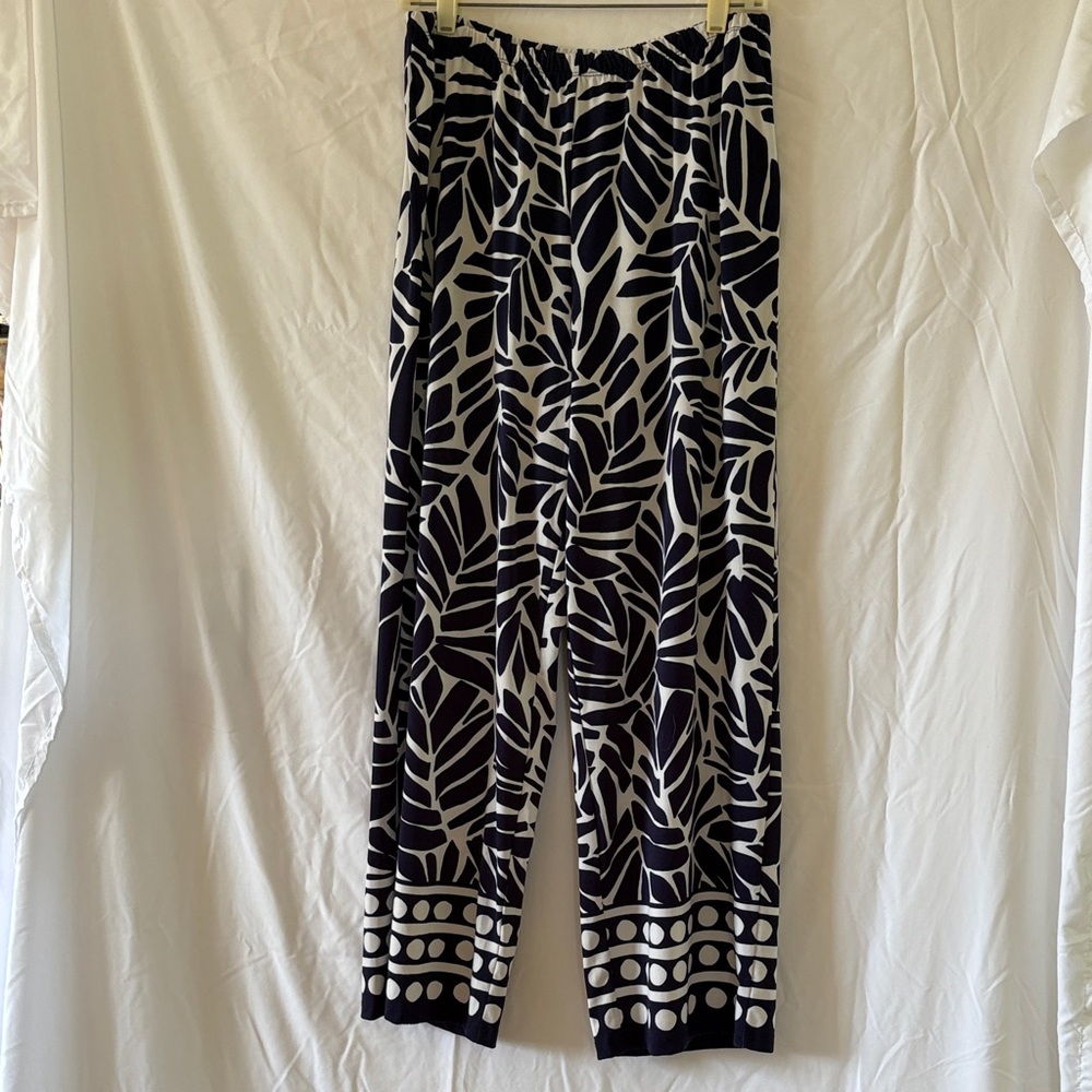 Melissa Paige Navy and White Leaf Print Wide Leg Pants